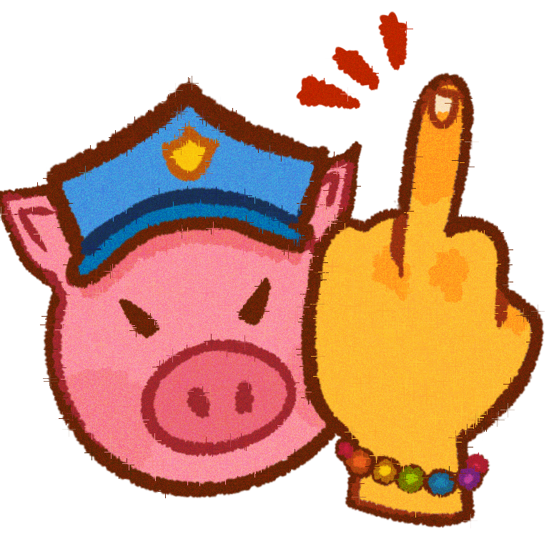 an image of an angry pig with a cop hat , picturing a cop , next to a yellow hand showing the middle finger to it , the hand is also wearing a rainbow bracelet .